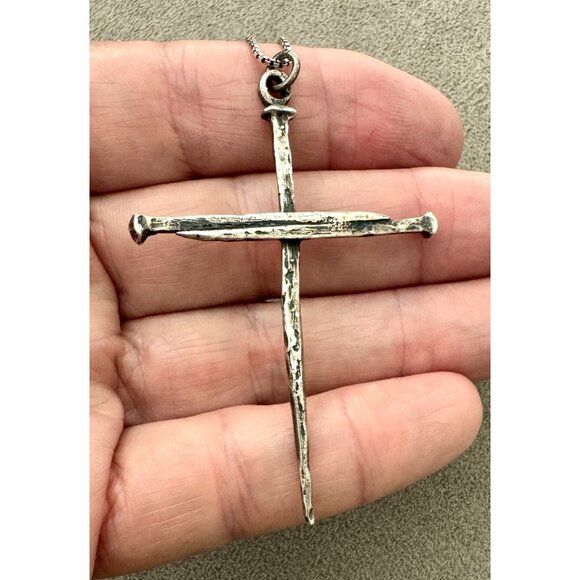Vintage JAMES AVERY Brutalist STERLING Silver Nails CROSS PENDANT Sterling CHAIN - Picture 6 of 6